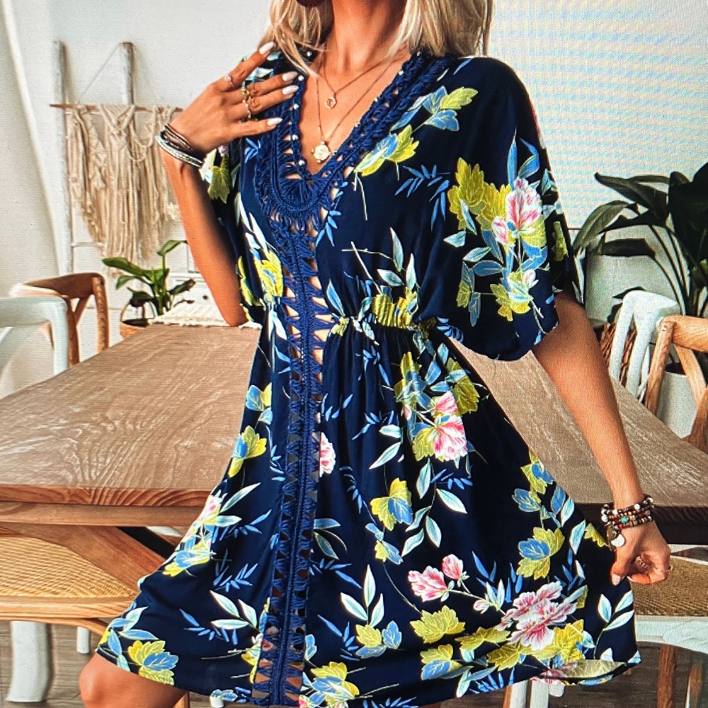 Floral Navy Dress with Lace Trim